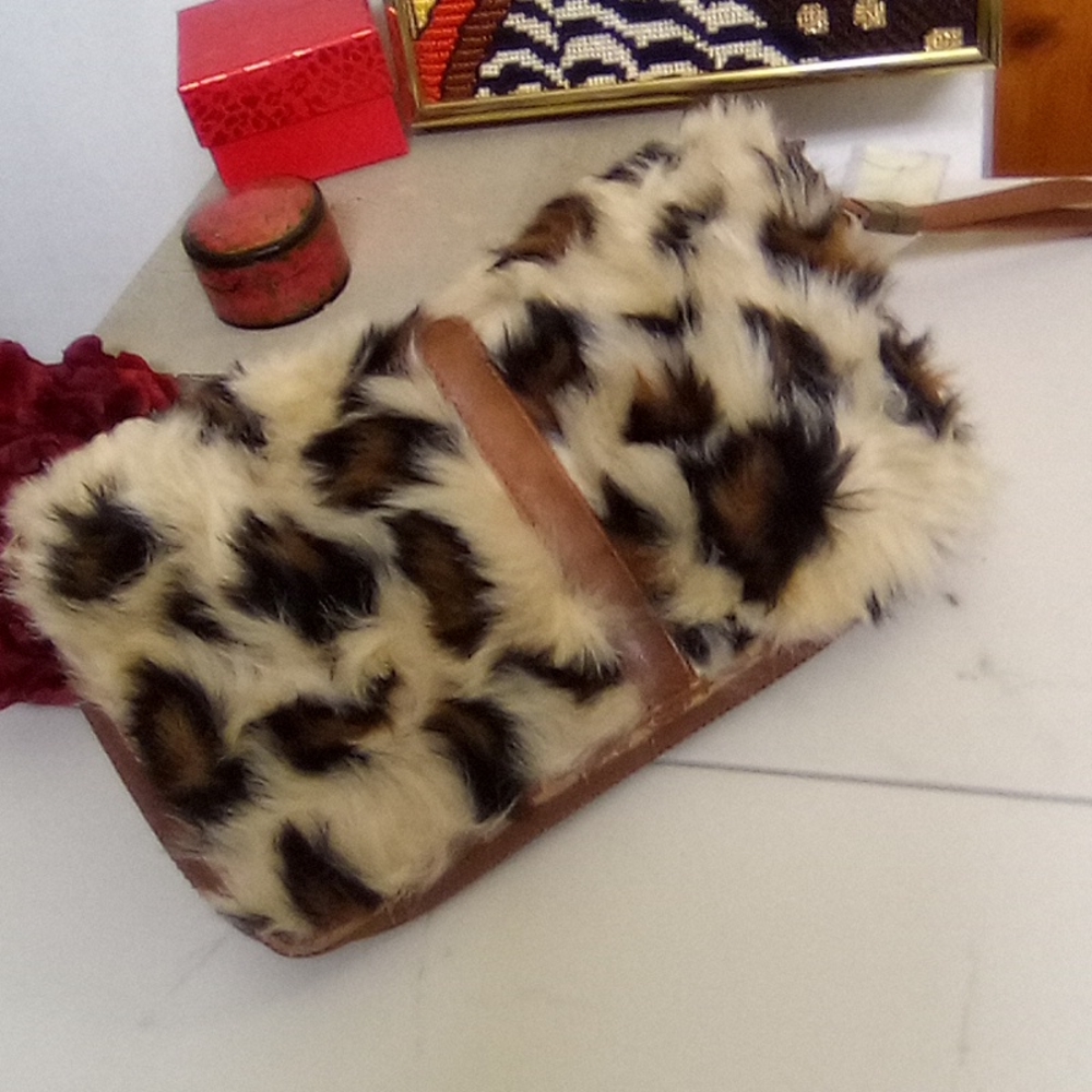 Leopold Print Furry Hand Clutch Vintage Bakers Fashion Store